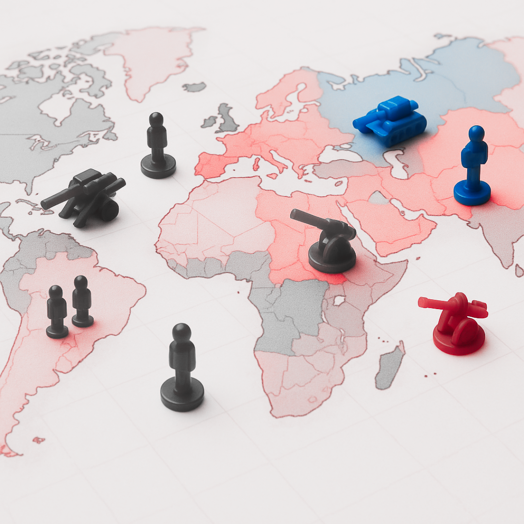a map of the world with small war toy figures