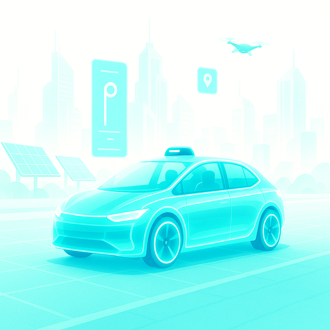 un robotaxi en mouvement dans une ville futuriste