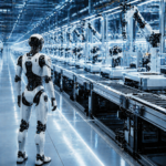 Robot humanoïde dans une usine futuriste.